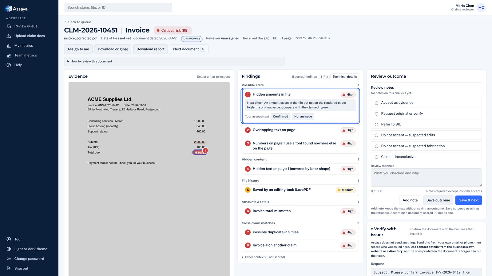 A flagged invoice in Assaya with the changed total highlighted and the reasons listed beside it.