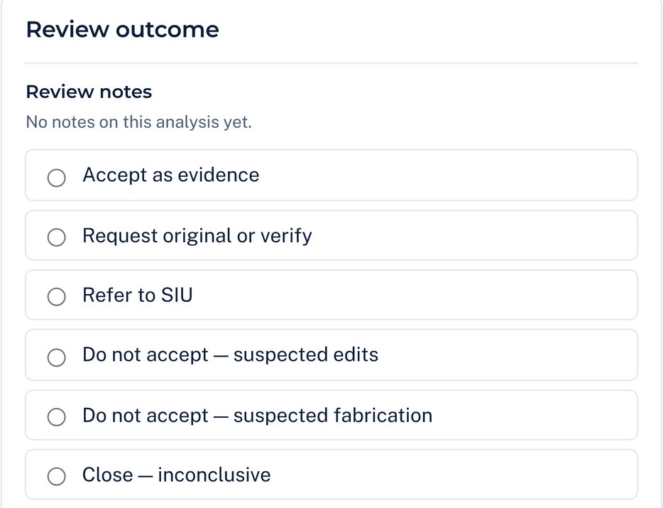 The decision panel: approve, request the original from the issuer, escalate to investigations, deny as altered or fabricated, or close as inconclusive.