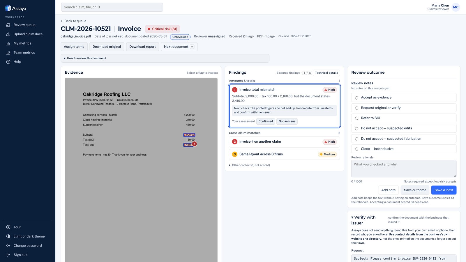 A claim flagged because its invoice matches one already confirmed as fake.